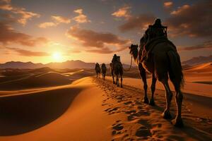 Wide angle view captures camel caravan traversing Sahara Deserts sand dunes AI Generated photo