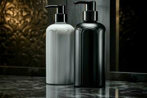 Monochromatic image bottle and soap dispenser in vintage, timeless elegance AI Generated photo