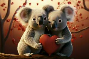 Love radiates from 3D rendered koala couple, hearts symbolize their bond AI Generated photo