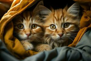 Cozy blanket fort becomes haven as kittens huddle, radiating irresistible charm AI Generated photo