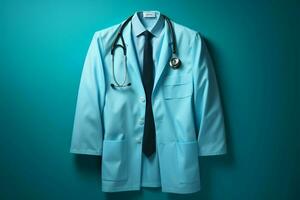 Stethoscope accented physicians suit hung Blue backdrop, copyspace for medical advertisements and promotions AI Generated photo