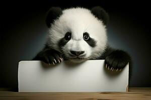 panda sostiene considerable blanco póster Listo para creativo cuentacuentos ai generado foto