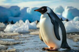 Penguin on beach, framed by icebergs, embraces the serene polar landscape AI Generated photo