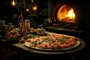 tradicional italiano restaurante, Pizza junto a ardiente Roca cocina, pizzería con hogar fondo ai generado foto