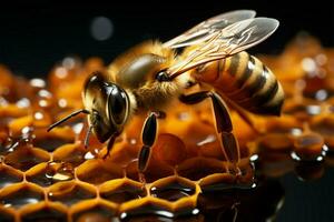 Honeycomb intricacies showcased as working bees meticulously create, a testament to collaboration AI Generated photo