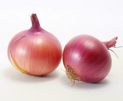 Red whole and sliced onion, isolated on white background. Created with Generative AI technology. photo