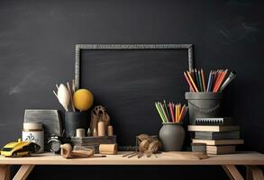 back to school concept with old schoolbooks, alarm clock and apple against a chalkboard background. Created with Generative AI technology. photo