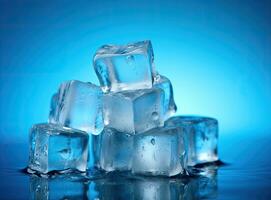 Three melting ice cubes on glass table. On white background. Created with Generative AI technology. photo