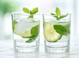 Organic cold refreshing lemonade drink or cocktail made of sparkling water, lime slices and fresh green mint leaves served in tall drinking glass Created with Generative AI technology. photo