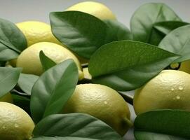 Natural fresh lime with water drops and sliced, green leaf isolated on white background. Created with Generative AI technology. photo