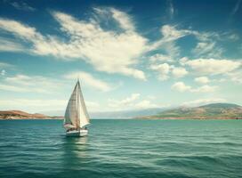 Sailing boat in the sea against the backdrop of mountains. Created with Generative AI technology. photo