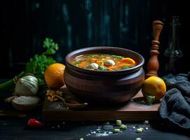 Fresh fish soup in bowl on black background, top view. Created with Generative AI technology. photo