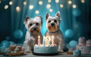 Two cute happy puppy dogs with a birthday cake celebrating at a birthday party. Created with Generative AI technology. photo