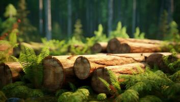 Forest pine and spruce trees. Log trunks pile, the logging timber wood industry. Wide banner or panorama wooden trunks. Created with Generative AI technology. photo