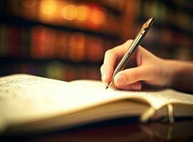 Hand holding a pencil writing, Student studying in a library working research or subject assignment. Education or academic concept picture of learner preparing for the test prior to attending exams photo