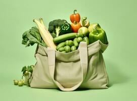 Eco bag with products on color background. Created with Generative AI technology. photo