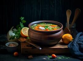 Fresh fish soup in bowl on black background, top view. Created with Generative AI technology. photo