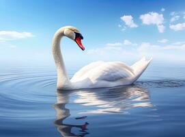 White swan in the foggy lake at the dawn. Morning lights. Romantic background. Beautiful swan. Cygnus. Romance of white swan with clear beautiful landscape. Created with Generative AI technology. photo