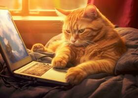 hombre es mecanografía en ordenador portátil con jengibre gato dormido en teclado. parte superior vista. hombre trabajando desde hogar en ordenador portátil en inalámbrico auriculares. hogar oficina con mascota gato foto