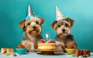 Two cute happy puppy dogs with a birthday cake celebrating at a birthday party. Created with Generative AI technology. photo