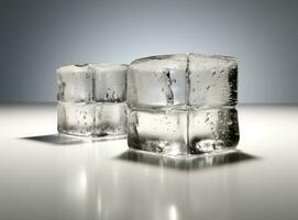 Three melting ice cubes on glass table. On white background. Created with Generative AI technology. photo