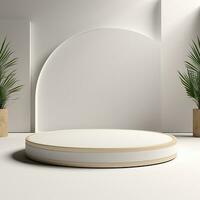 Empty round white podium, stage, pedestal for goods and objects. Generative AI photo