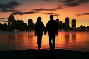 Silhouetted gay couple holds hands, happy, by the evening seas sunset cityscape AI Generated photo