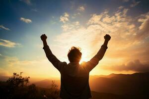 A jubilant man's silhouette with raised hands, radiating happiness AI Generated photo