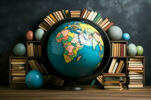 Colorful books encircle a globe, forming an intriguing composition AI Generated photo