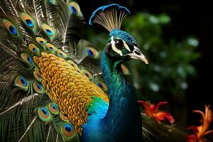 Behold the male peacocks captivating tail feathers and elegant performances AI Generated photo