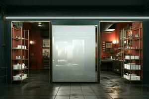 Storefront devoid of customers, mirrors and shelves in silent solitude AI Generated photo