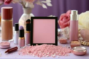 rosado espacio con varios productos cosméticos, Listo para personalizado texto inserción ai generado foto