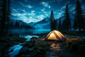 Starry forest night a luminous blue tent, sunset painting the backdrop AI Generated photo