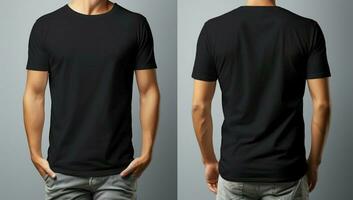Front and back view Young man donning stylish black t shirt AI Generated photo