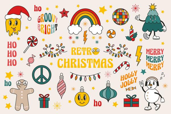 Retro christmas stickers. Groovy hippie set. Christmas tree, gingerbread man, snowman. Cartoon vector illustration. Merry Christmas and Happy New Year
