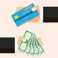 Cash money banknote and credit card. Dollar banknote cash in hand, finance interchange financial, vector illustration