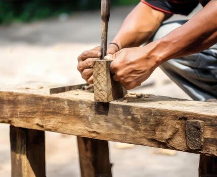 The carpenter is repairing the house. He makes nails using a hammer. Created with Generative AI technology. photo