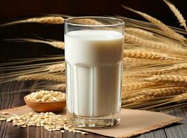 Milk or drink water or barley water in glass bottle with raw and cooked pearl barley wheat seeds selective focus. Created with Generative AI technology. photo