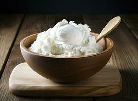 Bowl with tasty vanilla ice cream on table against light background. Created with Generative AI technology. photo