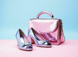 Cute blue ladies bag and stylish golden shoes. Flat lay, top view. Spring fashion concept in pastel colored. Created with Generative AI technology. photo