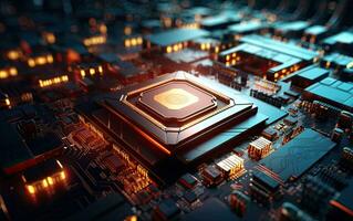 Shot of Generic Printed Circuit board with Microchips and other Components During Production Process. Electronics Manufacturing. Created with Generative AI technology. photo