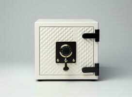 Small modern safe on shelf. Created with Generative AI technology. photo