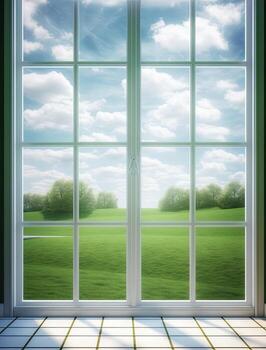 Modern residential window and trees and sky behind. Created with Generative AI technology. photo