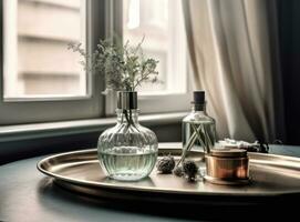 Reed diffuser and vase with bouquet on wooden nightstand in bedroom. Created with Generative AI technology photo