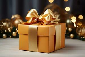 Christmas golden gift box with bow on the table. Generative AI. photo