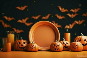 Jack o lantern pumpkin decor on a table in a Halloween mock up frame AI Generated photo