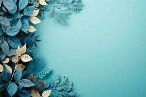 Top view design, Skeletons, pale blue leaves in corners, text space AI Generated photo