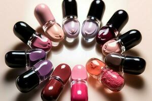 a group of bottles of nail polish sitting on top of a pink heart AI Generated photo