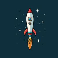 vector illustration of rocket in space, spaceship hand drawn flat design style with stars as background