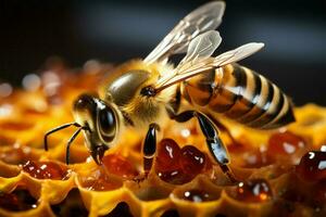 Up close insight into bee activity on honeycomb cells, highlighting their buzzing productivity AI Generated photo